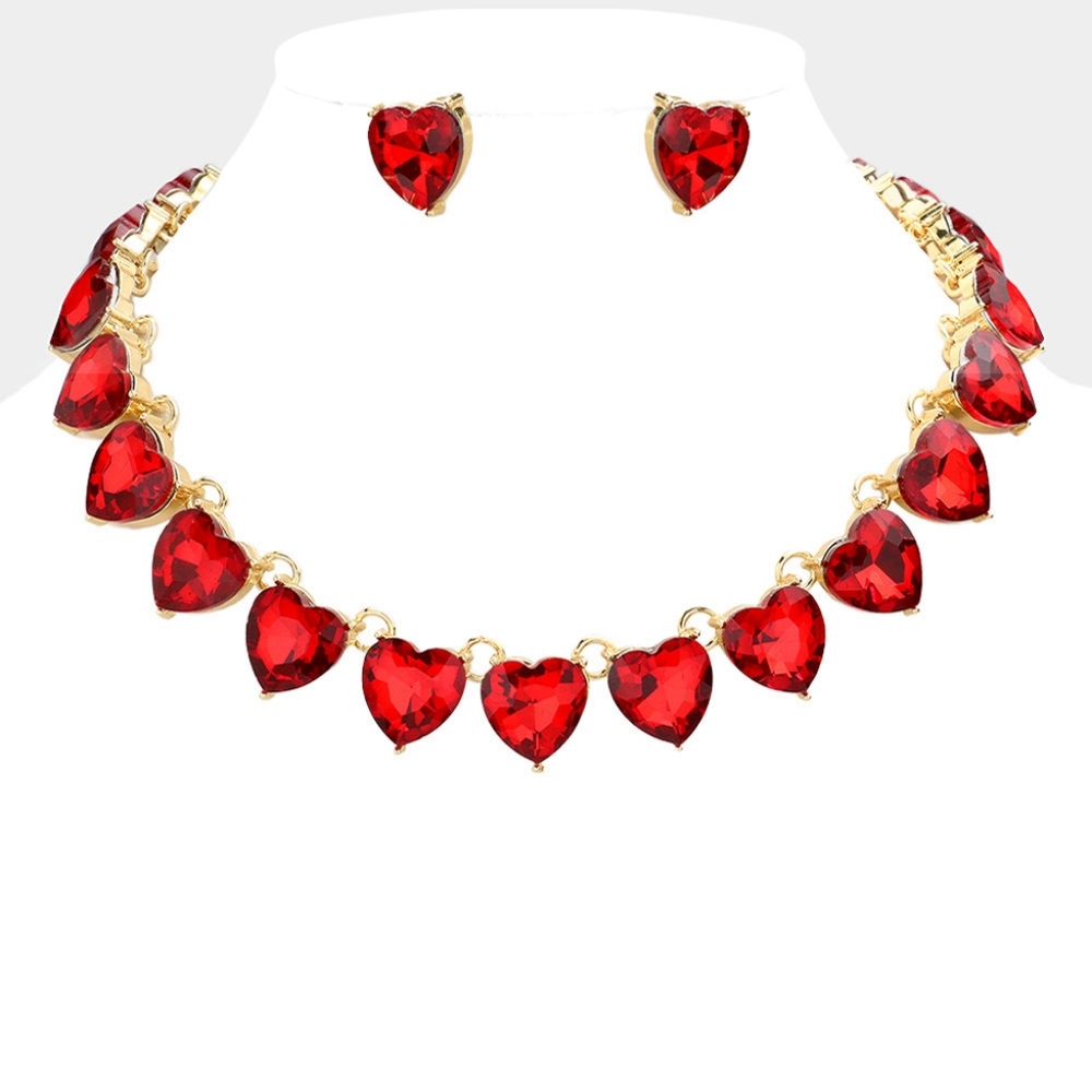Red Heart Crystal Necklace Set Fashion Statement Evening Jewelry Accessory Gold